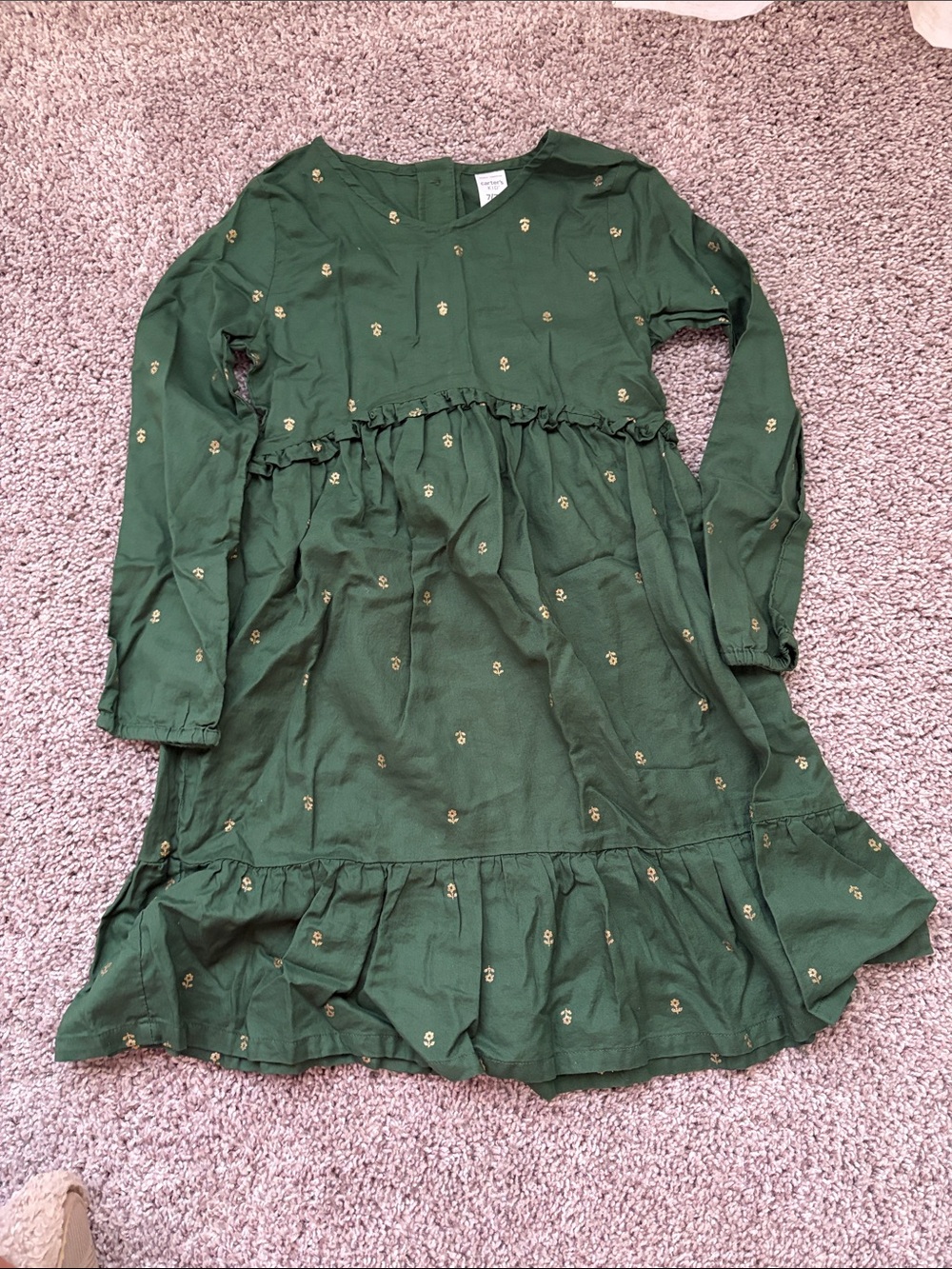 Carter's Dark Green Long-Sleeve Ruffle Dress with Gold Dot Details
